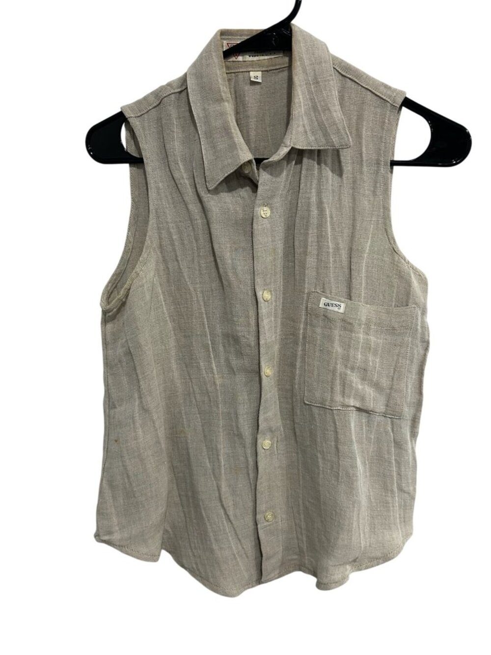 Guess Small Beige Vintage Sleeveless Linen Button Up Blouse 90s Minimalism